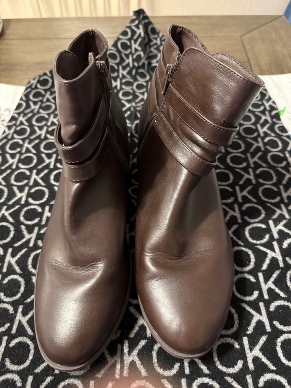 Charter Club Dark Brown Leather Ankle Booties with Strap Detail
